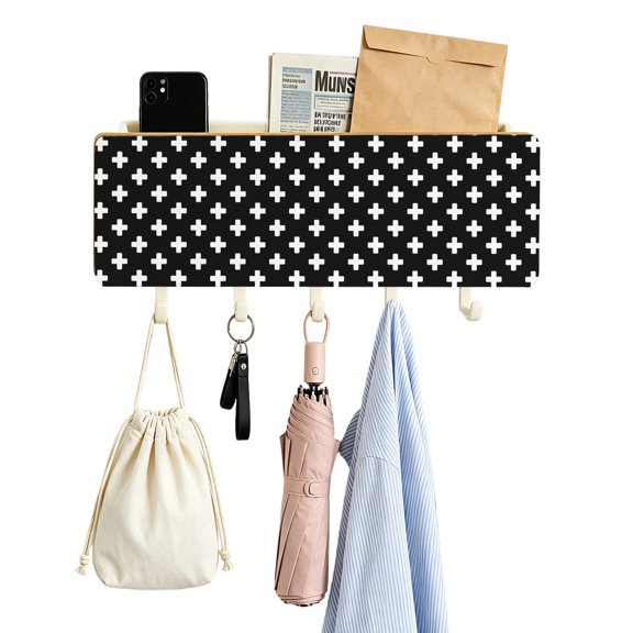Key Holder for Wall Black Crosses Motifs Key and Mail Holder with Shelf 5 Hooks Storage Key Organizer Rack Plus Sign Icons Wood Wall Key Hanger for Entryway Hallway Kitchen Office Home Decor