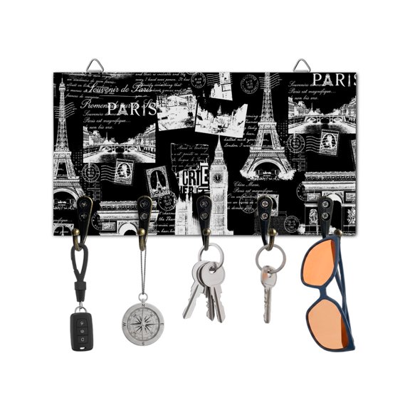 Key Holder for Wall Black Eiffel Tower Key Hooks Wood Wall Mounted Key Holder France Paris Travel Landscape Key Rack Organizer with 5 Hooks for Entryway, Hallway Office Bathroom Kitchen Home Decor
