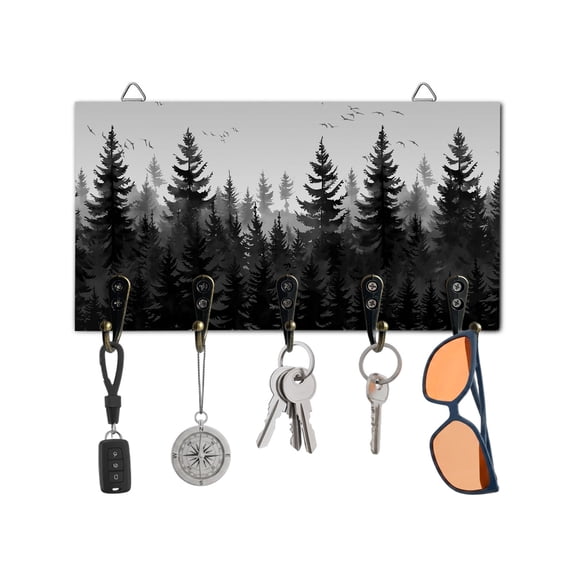 Key Holder for Wall Black Forest Key Hooks Wood Wall Mounted Key Holder Tree Bird Nature Landscape Key Rack Organizer with 5 Hooks for Entryway, Hallway Office Bathroom Kitchen Home Decor