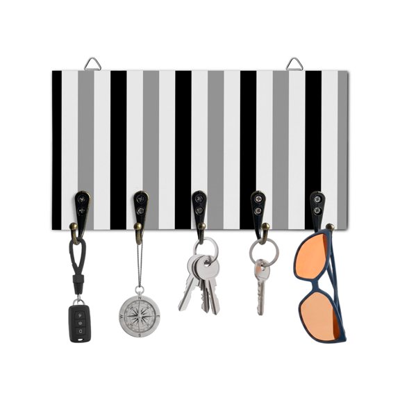 Key Holder for Wall Black Gray Stripes Key Hooks Wood Wall Mounted Key Holder Contrast Striped Key Rack Organizer with 5 Hooks for Entryway, Hallway Office Bathroom Kitchen Home Decor