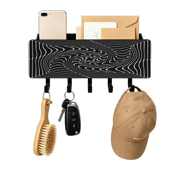 Key Holder for Wall Black Inverse Vortex Key and Mail Holder with Shelf 5 Hooks Storage Key Organizer Rack Abstract Warped Waves Wood Wall Key Hanger for Entryway Hallway Kitchen Office Home Decor
