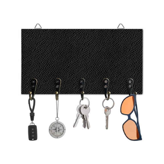 Key Holder for Wall Black Leather Texture Key Hooks Wood Wall Mounted Key Holder Solid Color Key Rack Organizer with 5 Hooks for Entryway, Hallway Office Bathroom Kitchen Home Decor