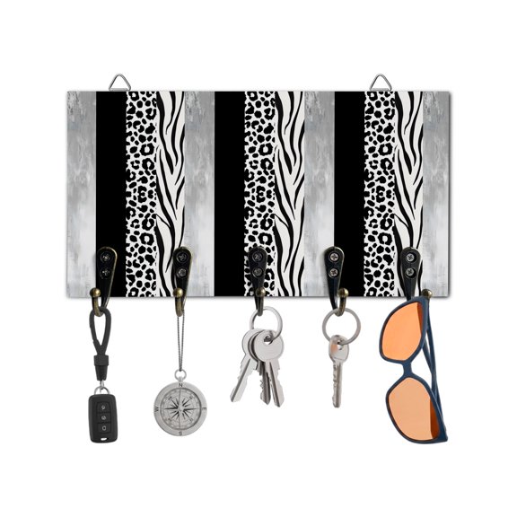Key Holder for Wall Black Leopard Zebra Stripes Key Hooks Wood Wall Mounted Key Holder Abstract Collage Key Rack Organizer with 5 Hooks for Entryway, Hallway Office Bathroom Kitchen Home Decor