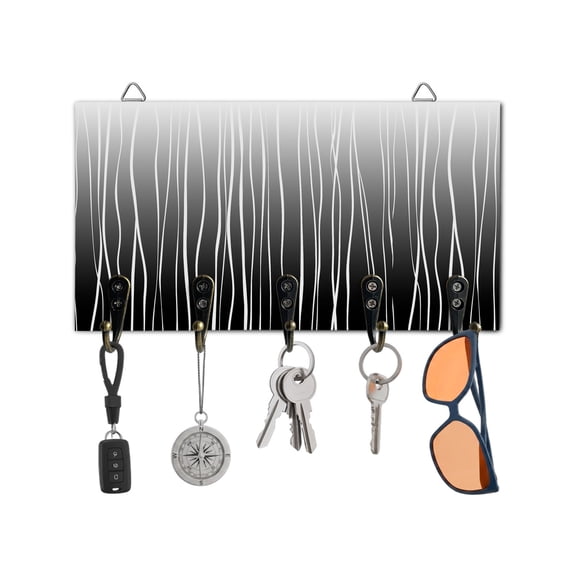 Key Holder for Wall Black Lines Key Hooks Wood Wall Mounted Key Holder Abstract Art Key Rack Organizer with 5 Hooks for Entryway, Hallway Office Bathroom Kitchen Home Decor