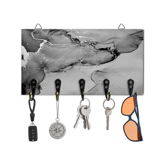 Key Holder for Wall Black Marble Key Hooks Wood Wall Mounted Key Holder Abstract Waves Cloud Key Rack Organizer with 5 Hooks for Entryway, Hallway Office Bathroom Kitchen Home Decor