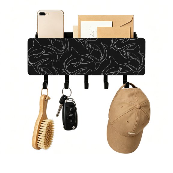 Key Holder for Wall Black Ocean Shark Key and Mail Holder with Shelf 5 Hooks Storage Key Organizer Rack Abstract Lines Wood Wall Key Hanger for Entryway Hallway Kitchen Office Home Decor