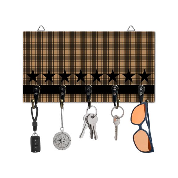 Key Holder for Wall Black Stars Buffalo Plaid Key Hooks Wood Wall Mounted Key Holder Brown Checkered Key Rack Organizer with 5 Hooks for Entryway, Hallway Office Bathroom Kitchen Home Decor