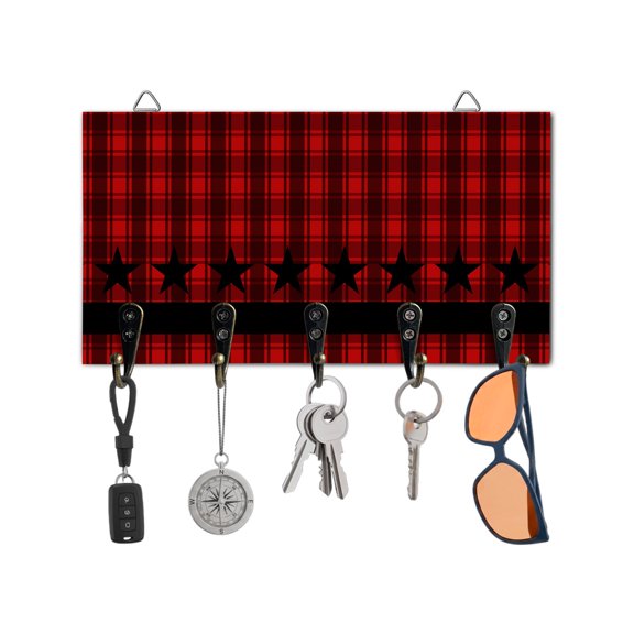 Key Holder for Wall Black Stars Buffalo Plaid Key Hooks Wood Wall Mounted Key Holder Red Checkered Key Rack Organizer with 5 Hooks for Entryway, Hallway Office Bathroom Kitchen Home Decor