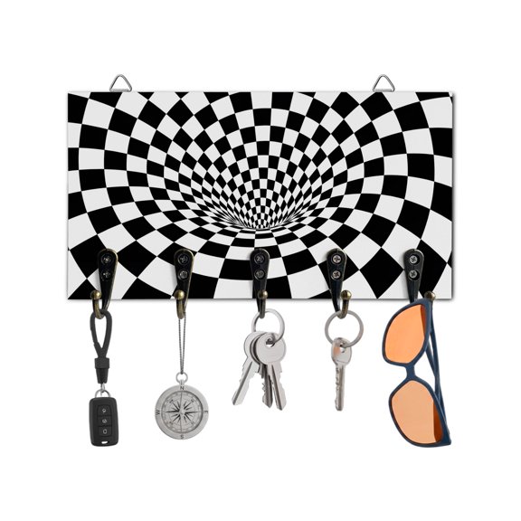 Key Holder for Wall Black White Checker Key Hooks Wood Wall Mounted Key Holder 3D Abstract Mosaic Tiles Key Rack Organizer with 5 Hooks for Entryway, Hallway Office Bathroom Kitchen Home Decor
