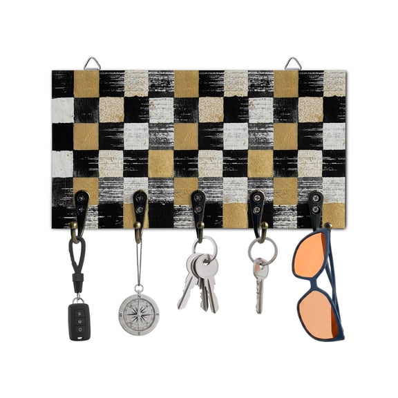 Key Holder for Wall Blake Gold Squares Block Key Hooks Wood Wall Mounted Key Holder Geometric Checkerboard Key Rack Organizer with 5 Hooks for Entryway, Hallway Office Bathroom Kitchen Home Decor