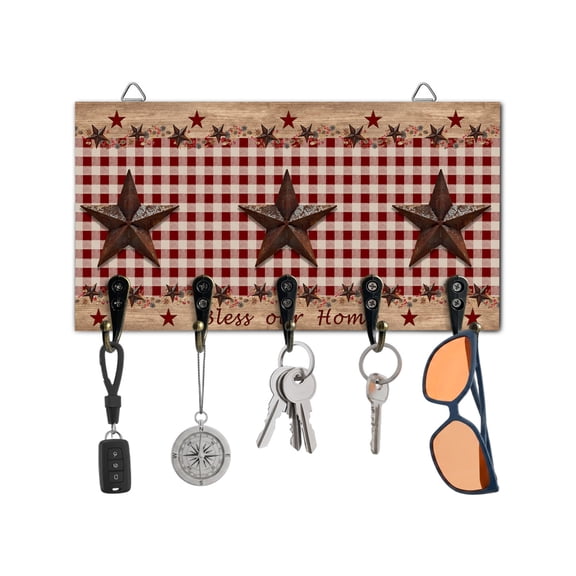 Key Holder for Wall Bless Our Home Key Hooks Wood Wall Mounted Key Holder Texas Star Red Buffalo Plaid Key Rack Organizer with 5 Hooks for Entryway, Hallway Office Bathroom Kitchen Home Decor