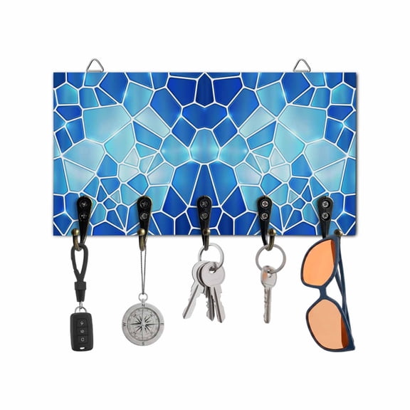Key Holder for Wall Blue Ceramic Tiles Key Hooks Wood Wall Mounted Key Holder Abstract Art Puzzles Structure Key Rack Organizer with 5 Hooks for Entryway, Hallway Office Bathroom Kitchen Home Decor