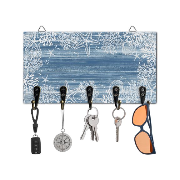 Key Holder for Wall Blue Coral Starfish Key Hooks Wood Wall Mounted Key Holder Summer Ocean Beach Shell Key Rack Organizer with 5 Hooks for Entryway, Hallway Office Bathroom Kitchen Home Decor