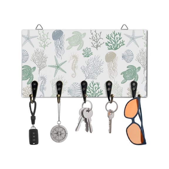 Key Holder for Wall Blue Coral Turtles Starfish Jellyfish Shells Key Hooks Wood Wall Mounted Key Holder Sea Creature Key Rack Organizer with 5 Hooks for Entryway, Hallway Bathroom Kitchen Decor