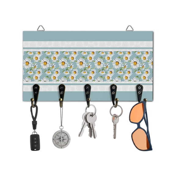 Key Holder for Wall Blue Daisy Key Hooks Wood Wall Mounted Key Holder Watercolor Flowers Key Rack Organizer with 5 Hooks for Entryway, Hallway Office Bathroom Kitchen Home Decor
