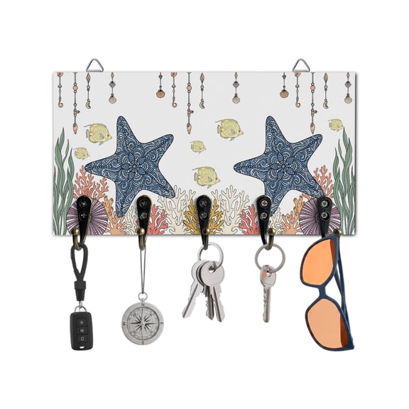 Key Holder for Wall Blue Floral Starfish Key Hooks Wood Wall Mounted Key Holder Coastal Coral Seaweed Fish Key Rack Organizer with 5 Hooks for Entryway, Hallway Office Bathroom Kitchen Home Decor