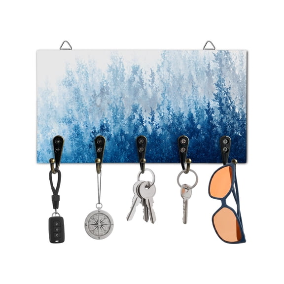 Key Holder for Wall Blue Forest Key Hooks Wood Wall Mounted Key Holder Abstract Tree Key Rack Organizer with 5 Hooks for Entryway, Hallway Office Bathroom Kitchen Home Decor