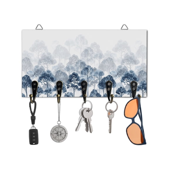 Key Holder for Wall Blue Forest Key Hooks Wood Wall Mounted Key Holder Gradient Tree Key Rack Organizer with 5 Hooks for Entryway, Hallway Office Bathroom Kitchen Home Decor