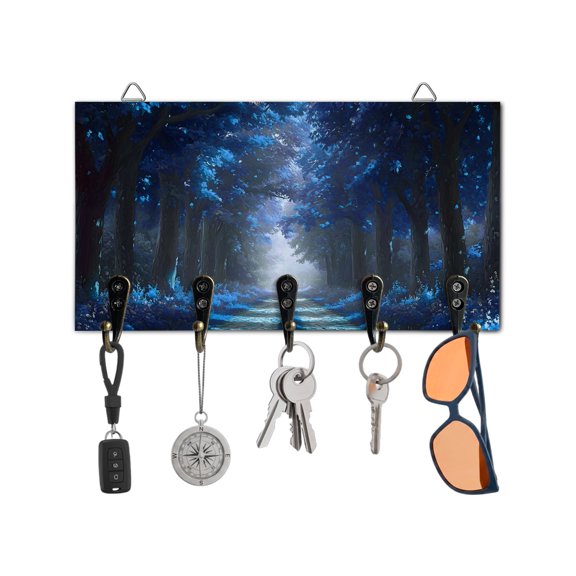 Key Holder for Wall Blue Forest Key Hooks Wood Wall Mounted Key Holder Nature Tree Woods Key Rack Organizer with 5 Hooks for Entryway, Hallway Office Bathroom Kitchen Home Decor