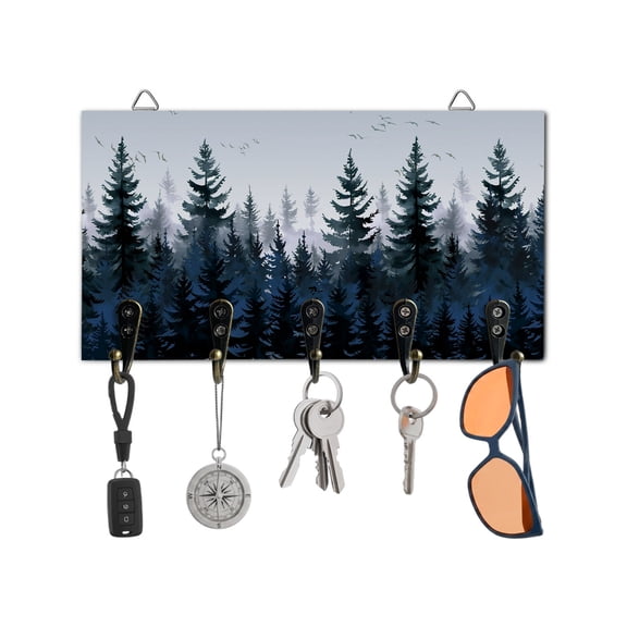 Key Holder for Wall Blue Forest Key Hooks Wood Wall Mounted Key Holder Tree Bird Nature Landscape Key Rack Organizer with 5 Hooks for Entryway, Hallway Office Bathroom Kitchen Home Decor