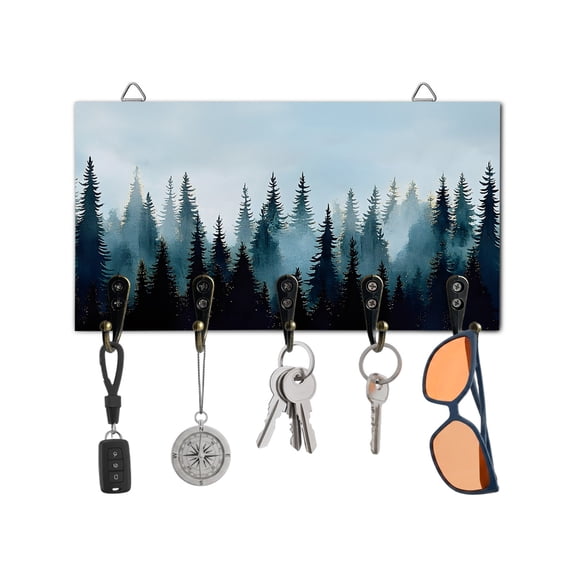 Key Holder for Wall Blue Forest Key Hooks Wood Wall Mounted Key Holder Tree Silhouette Landscape Key Rack Organizer with 5 Hooks for Entryway, Hallway Office Bathroom Kitchen Home Decor
