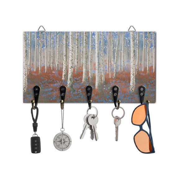 Key Holder for Wall Blue Forest Plant Key Hooks Wood Wall Mounted Key Holder Tree Illustration Key Rack Organizer with 5 Hooks for Entryway, Hallway Office Bathroom Kitchen Home Decor