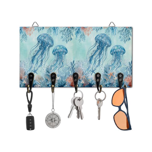 Key Holder for Wall Blue Jellyfish Key Hooks Wood Wall Mounted Key Holder Ocean Starfish Coral Shell Key Rack Organizer with 5 Hooks for Entryway, Hallway Office Bathroom Kitchen Home Decor