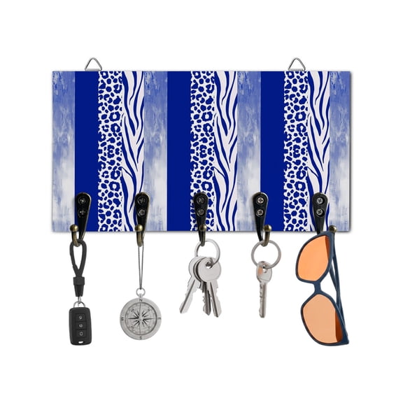 Key Holder for Wall Blue Leopard Zebra Stripes Key Hooks Wood Wall Mounted Key Holder Abstract Collage Key Rack Organizer with 5 Hooks for Entryway, Hallway Office Bathroom Kitchen Home Decor