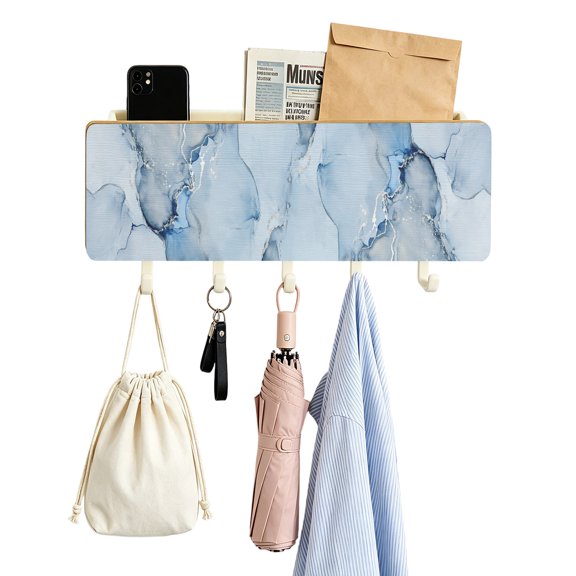 Key Holder for Wall Blue Marble Key and Mail Holder with Shelf 5 Hooks Storage Key Organizer Rack Abstract Waves Cloud Wood Wall Key Hanger for Entryway Hallway Kitchen Office Home Decor