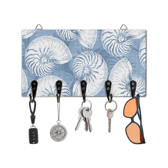 Key Holder for Wall Blue Nautilus Shell Key Hooks Wood Wall Mounted Key Holder Ocean Conch Marine Life Key Rack Organizer with 5 Hooks for Entryway, Hallway Office Bathroom Kitchen Home Decor