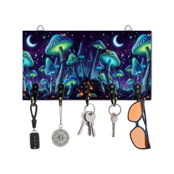 Key Holder for Wall Blue Neon Mushrooms Key Hooks Wood Wall Mounted Key Holder Fantasy Shiny Moon Snails Key Rack Organizer with 5 Hooks for Entryway, Hallway Office Bathroom Kitchen Home Decor