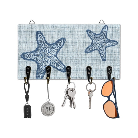 Key Holder for Wall Blue Ocean Starfish Key Hooks Wood Wall Mounted Key Holder Coastal Solid Color Linen Key Rack Organizer with 5 Hooks for Entryway, Hallway Office Bathroom Kitchen Home Decor