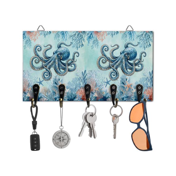 Key Holder for Wall Blue Octopus Key Hooks Wood Wall Mounted Key Holder Ocean Starfish Coral Shell Key Rack Organizer with 5 Hooks for Entryway, Hallway Office Bathroom Kitchen Home Decor