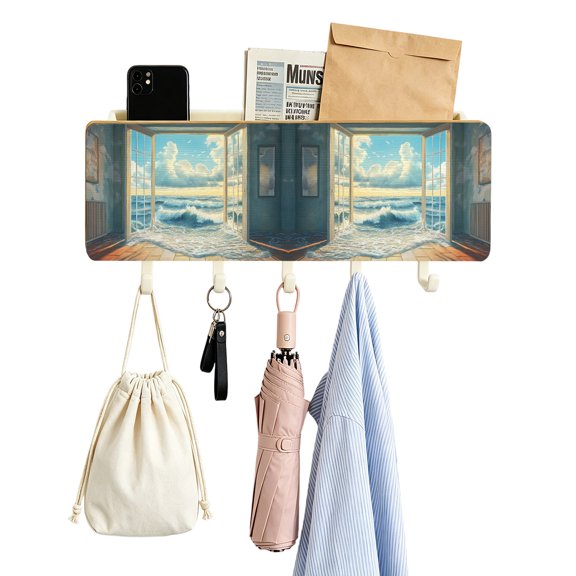 Key Holder for Wall Blue Sky Cloud Key and Mail Holder with Shelf 5 Hooks Storage Key Organizer Rack Beach Waves Window Wood Wall Key Hanger for Entryway Hallway Kitchen Office Home Decor