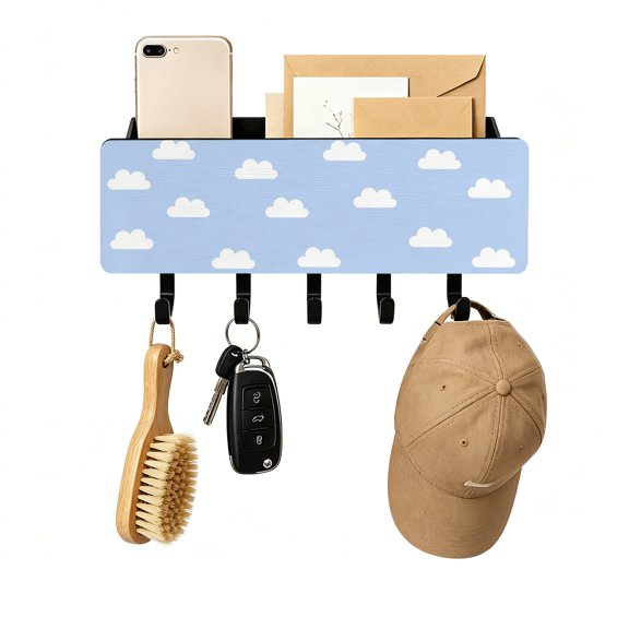 Key Holder for Wall Blue Sky Clouds Key and Mail Holder with Shelf 5 Hooks Storage Key Organizer Rack Calm Atmosphere Wood Wall Key Hanger for Entryway Hallway Kitchen Office Home Decor