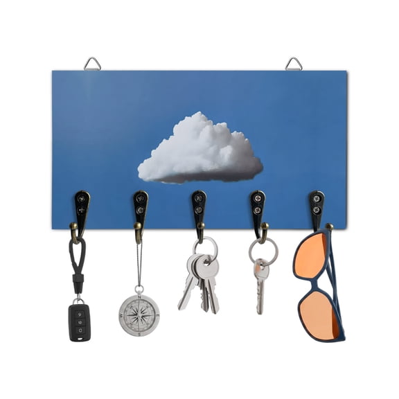 Key Holder for Wall Blue Sky Key Hooks Wood Wall Mounted Key Holder White Cloud Horizon Key Rack Organizer with 5 Hooks for Entryway, Hallway Office Bathroom Kitchen Home Decor