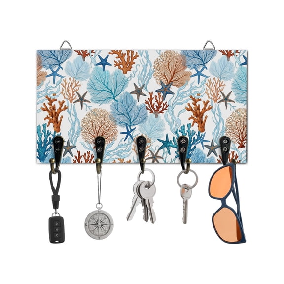 Key Holder for Wall Blue Starfish Coral Key Hooks Wood Wall Mounted Key Holder Summer Beach Ocean Key Rack Organizer with 5 Hooks for Entryway, Hallway Office Bathroom Kitchen Home Decor