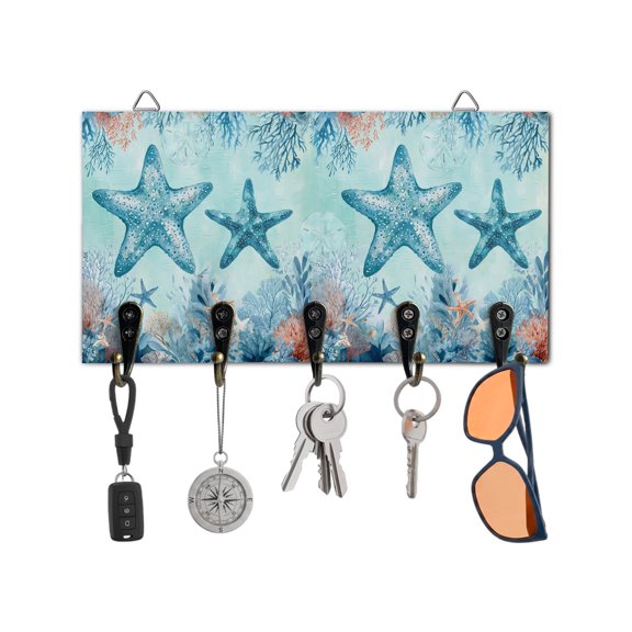 Key Holder for Wall Blue Starfish Key Hooks Wood Wall Mounted Key Holder Ocean Couch Coral Shell Key Rack Organizer with 5 Hooks for Entryway, Hallway Office Bathroom Kitchen Home Decor