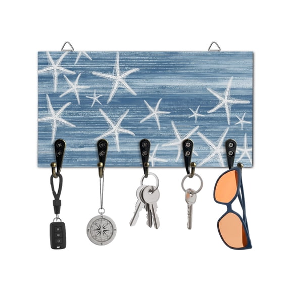 Key Holder for Wall Blue Starfish Key Hooks Wood Wall Mounted Key Holder Summer Ocean Beach Key Rack Organizer with 5 Hooks for Entryway, Hallway Office Bathroom Kitchen Home Decor