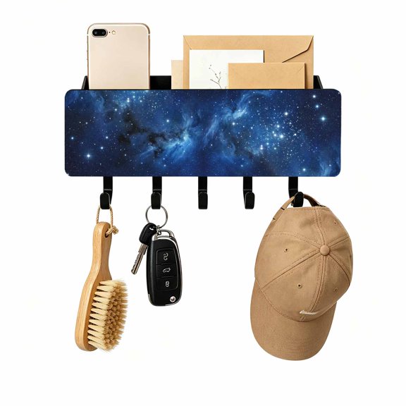 Key Holder for Wall Blue Starry NIght Sky Key and Mail Holder with Shelf 5 Hooks Storage Key Organizer Galactic Shiny Star Cloud Wood Wall Key Hanger for Entryway Hallway Kitchen Office Home Decor
