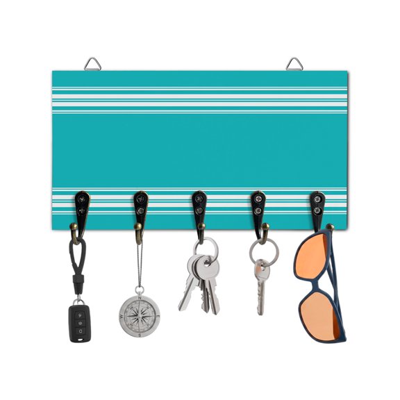 Key Holder for Wall Blue Stripe Key Hooks Wood Wall Mounted Key Holder French Stripe Farmhouse Style Key Rack Organizer with 5 Hooks for Entryway, Hallway Office Bathroom Kitchen Home Decor