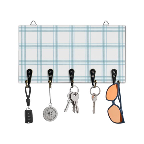 Key Holder for Wall Blue Stripes Key Hooks Wood Wall Mounted Key Holder Striped Buffalo Checked Plaid Key Rack Organizer with 5 Hooks for Entryway, Hallway Office Bathroom Kitchen Home Decor