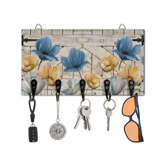 Key Holder for Wall Blue Tulip Key Hooks Wood Wall Mounted Key Holder Butterfly Farmhouses Barn Doors Key Rack Organizer with 5 Hooks for Entryway, Hallway Office Bathroom Kitchen Home Decor