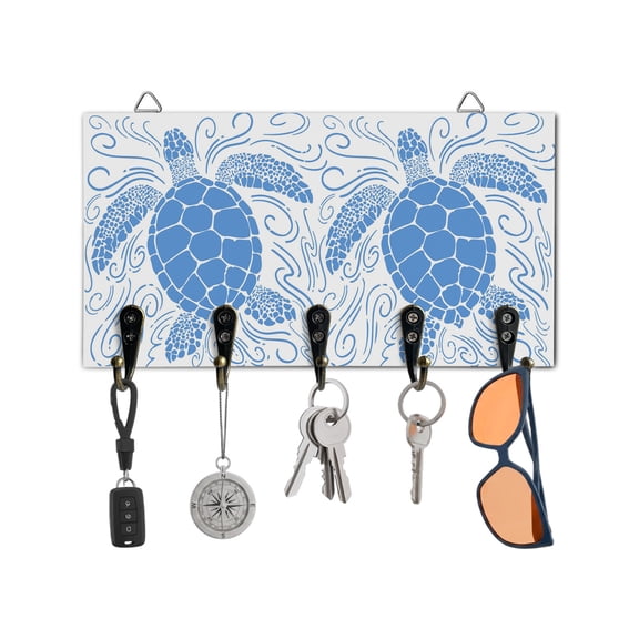 Key Holder for Wall Blue Turtle Key Hooks Wood Wall Mounted Key Holder Coastal Marine Life Waves Key Rack Organizer with 5 Hooks for Entryway, Hallway Office Bathroom Kitchen Home Decor