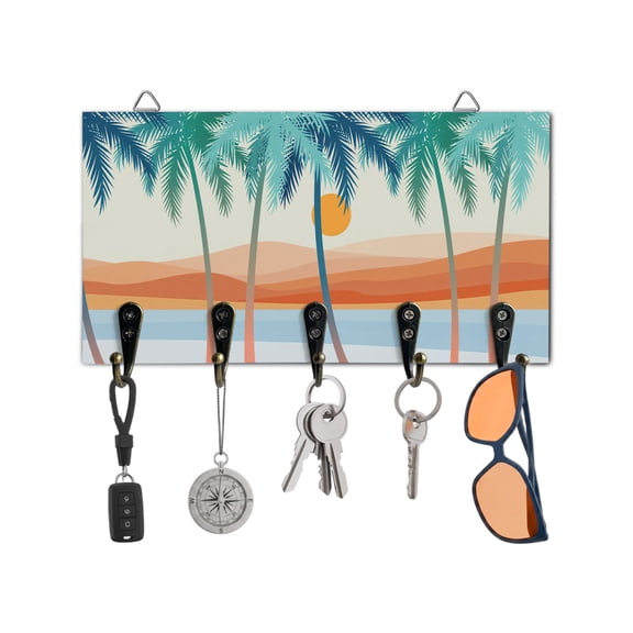 Key Holder for Wall Bohemian Summer Beach Key Hooks Wood Wall Mounted Key Holder Mount Coconut Tree Boho Key Rack Organizer with 5 Hooks for Entryway, Hallway Office Bathroom Kitchen Home Decor