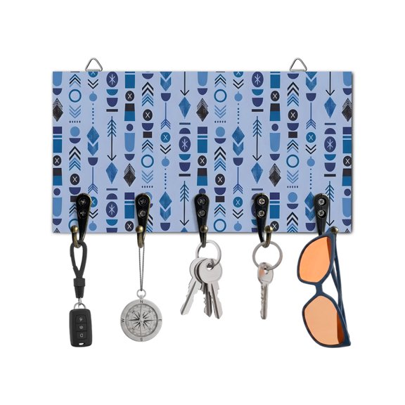 Key Holder for Wall Bohemian Vertical Totems Key Hooks Wood Wall Mounted Key Holder Blue Tribal Stripes Key Rack Organizer with 5 Hooks for Entryway, Hallway Office Bathroom Kitchen Home Decor
