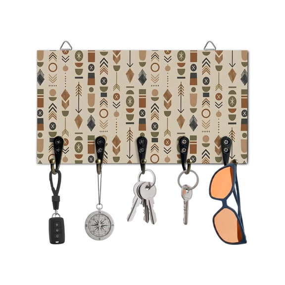 Key Holder for Wall Bohemian Vertical Totems Key Hooks Wood Wall Mounted Key Holder Brown Tribal Stripes Key Rack Organizer with 5 Hooks for Entryway, Hallway Office Bathroom Kitchen Home Decor