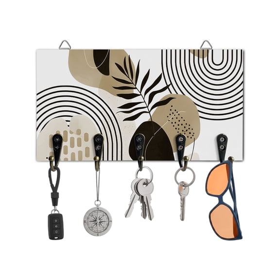 Key Holder for Wall Boho Abstract Mid Century Key Hooks Wood Wall Mounted Key Holder Brown Modern Geometric Leaf Key Rack Organizer with 5 Hooks for Entryway, Hallway Office Bathroom Kitchen Decor