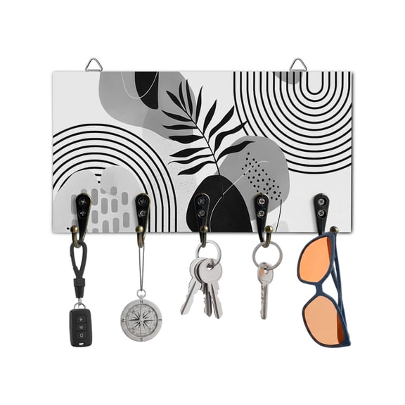 Key Holder for Wall Boho Abstract Mid Century Key Hooks Wood Wall Mounted Key Holder Grey Modern Geometric Leaf Key Rack Organizer with 5 Hooks for Entryway, Hallway Office Bathroom Kitchen Decor