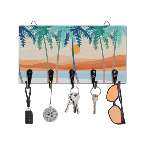 Key Holder for Wall Boho Summer Beach Key Hooks Wood Wall Mounted Key Holder Mount Coconut Tree Bohemian Key Rack Organizer with 5 Hooks for Entryway, Hallway Office Bathroom Kitchen Home Decor
